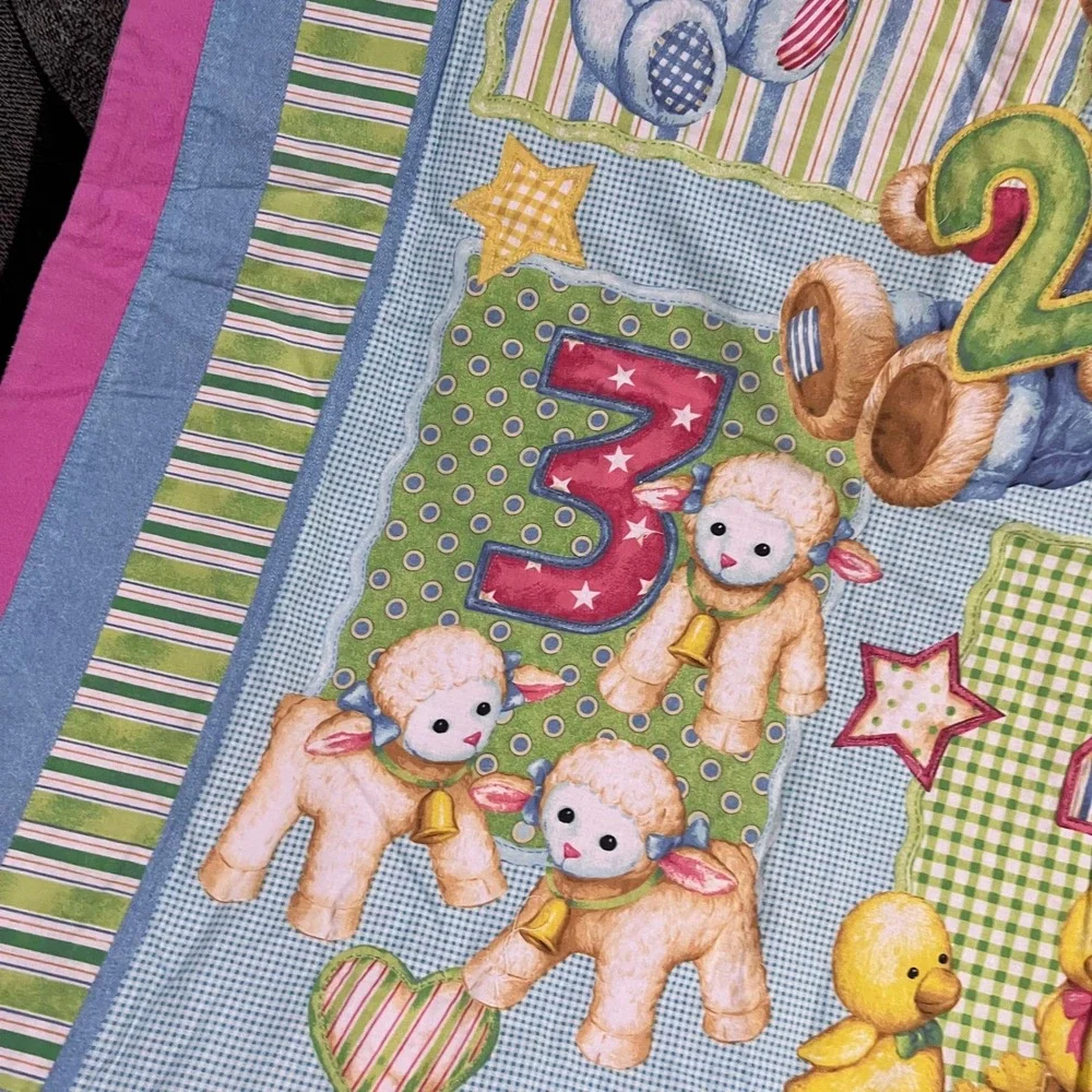 Vtg Handmade‎ Baby Quilt Blue Jean Teddy Animals Numbers Nursery Blanket 44x36